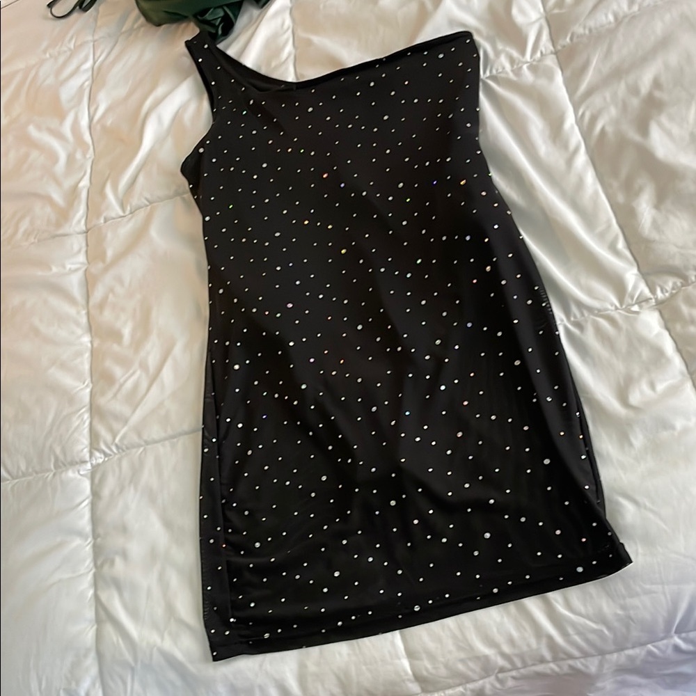 Black One-Shoulder Dress with Silver Accents